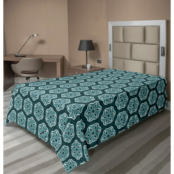 Ambesonne Floral Flat Sheet, Oriental Art Flower Blooms, Twin Size, Dark Teal and Turquoise