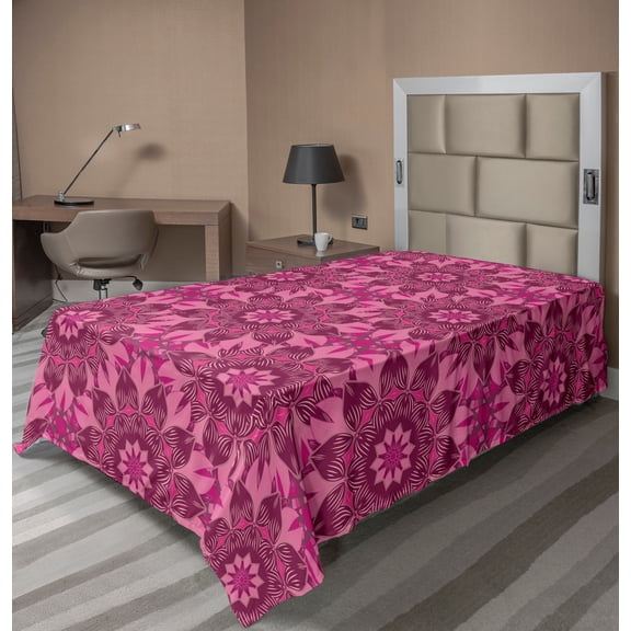 Ambesonne Floral Flat Sheet, Oriental Ornamental Flower, Twin Size, Pink Dark Magenta