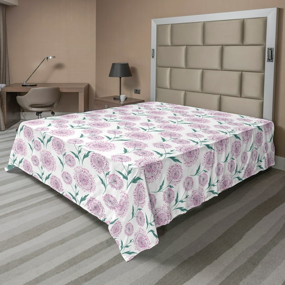 Ambesonne Floral Flat Sheet, Ornamental Dandelion Flowers, California King, White Pale Purple and Seafoam