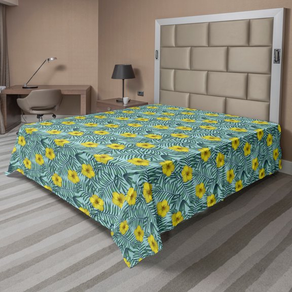 Ambesonne Floral Flat Sheet, Ornamental Hibiscus Flowers, King Size, Pale Blue Yellow and Green