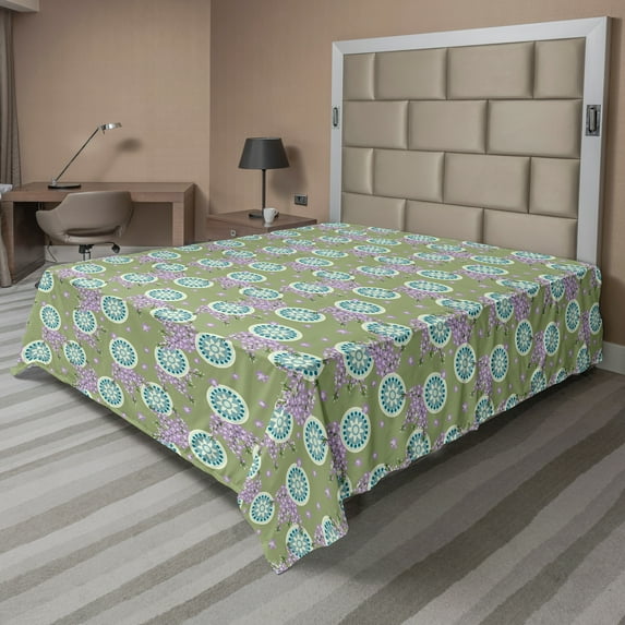 Ambesonne Floral Flat Sheet, Ornate Round Spring Flower, King Size, Olive Green Lilac