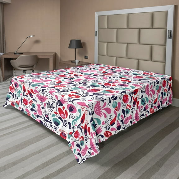 Ambesonne Floral Flat Sheet, Ornate Swirls Tulip Art, Full Size, Pink Teal Red