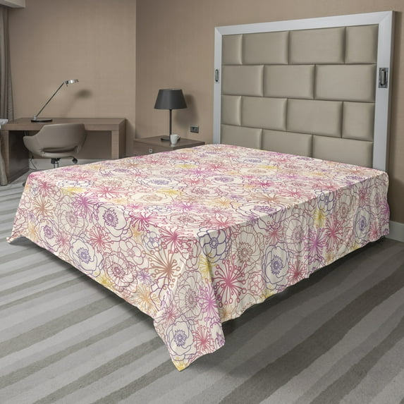 Ambesonne Floral Flat Sheet, Outline Abstract Flowers Art, King Size, Eggshell and Multicolor
