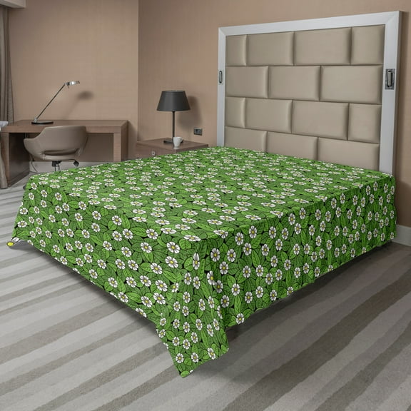Ambesonne Floral Flat Sheet, Overview of Flowers Leaves, Full Size, Fern Green White