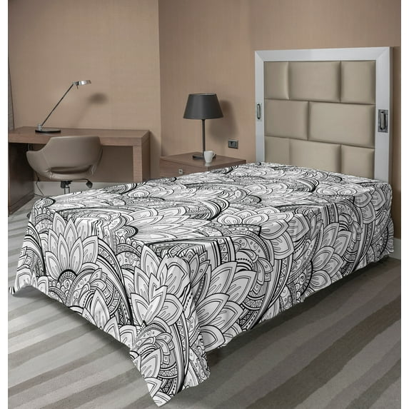 Ambesonne Floral Flat Sheet, Paisley Petals, TwinXL Size, Black and White