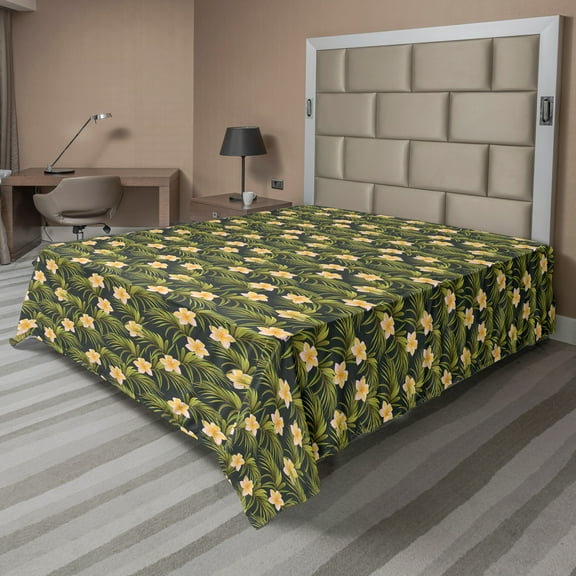 Ambesonne Floral Flat Sheet, Palm Leaves Summer Flowers, Full Size, Olive Green Peach