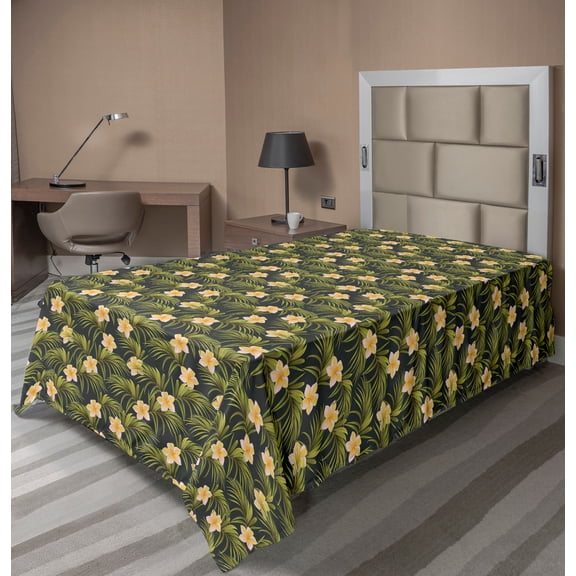 Ambesonne Floral Flat Sheet, Palm Leaves Summer Flowers, TwinXL Size, Olive Green Peach