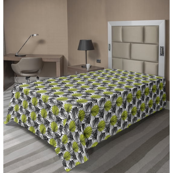 Ambesonne Floral Flat Sheet, Palm Leaves and Dots on Back, Twin Size, White and Yellow Green