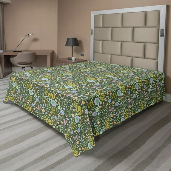 Ambesonne Floral Flat Sheet, Pastel Color Spring Beauty, King Size, Reseda Green Multicolor