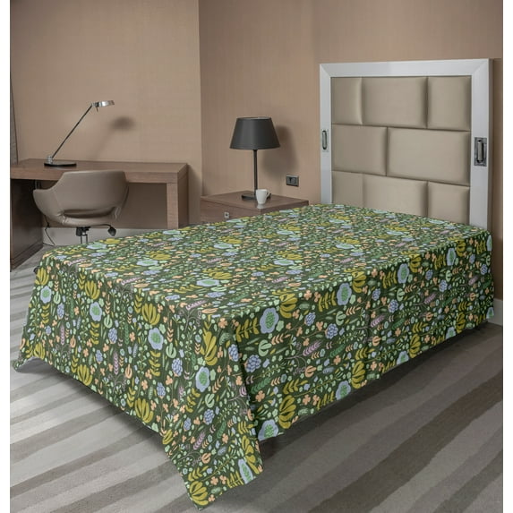 Ambesonne Floral Flat Sheet, Pastel Color Spring Beauty, Twin Size, Reseda Green Multicolor