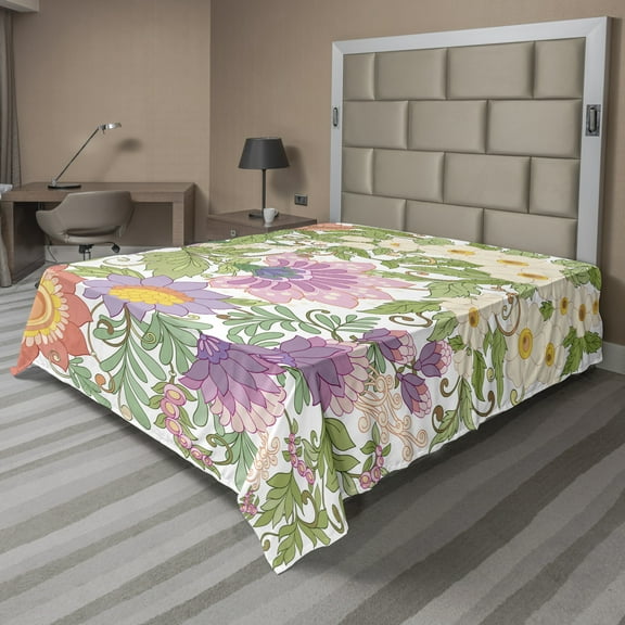 Ambesonne Floral Flat Sheet, Pastel Flowers Nostalgia, Full Size, Multicolor