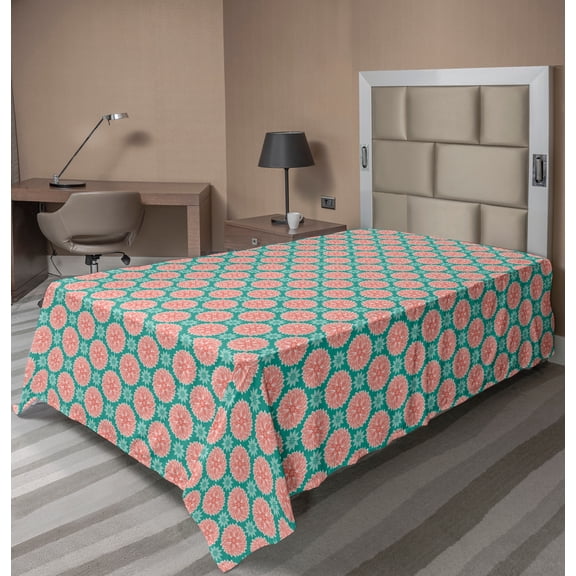 Ambesonne Floral Flat Sheet, Pastel Lotus Flowers Motif, TwinXL Size, Dark Seafoam and Coral