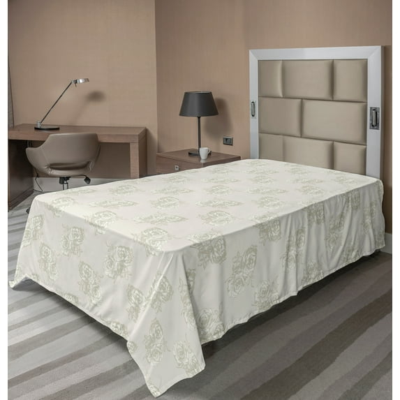 Ambesonne Floral Flat Sheet, Pastel Peony Flowers Leaves, TwinXL Size, Ivory and Grey Yellow