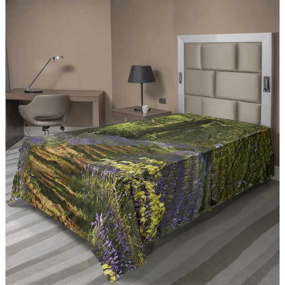 Ambesonne Floral Flat Sheet, Path Between Bluebells, TwinXL Size, Green Purple Brown