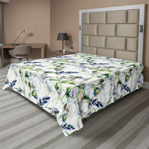 Ambesonne Floral Flat Sheet, Pea Blossom Design, Queen Size, Green White Blue