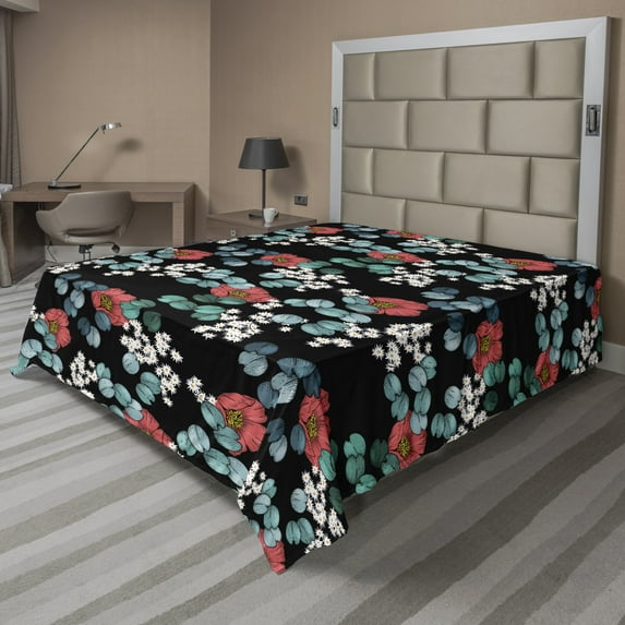 Ambesonne Floral Flat Sheet, Peony Daisy and Leaves Art, California King, Charcoal Grey Multicolor