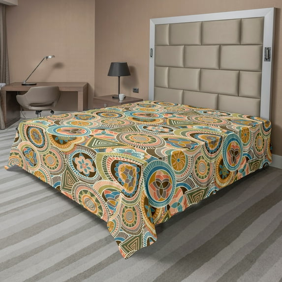 Ambesonne Floral Flat Sheet, Peruvian Design Flower Art, King Size, Multicolor