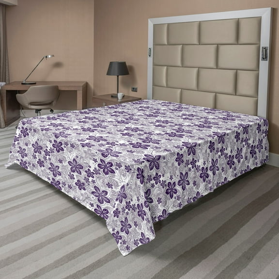 Ambesonne Floral Flat Sheet, Petals Curves, Full Size, Purple Grey Purple