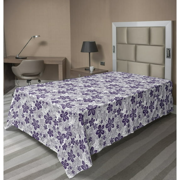 Ambesonne Floral Flat Sheet, Petals Curves, TwinXL Size, Purple Grey Purple