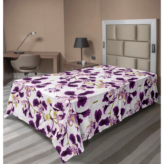 Ambesonne Floral Flat Sheet, Phalaenopsis Orchid Flowers, Twin Size, Dark Purple White Khaki