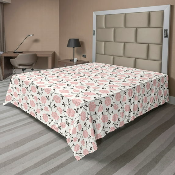 Ambesonne Floral Flat Sheet, Pink Roses and Peonies, King Size, Pale Pink Black