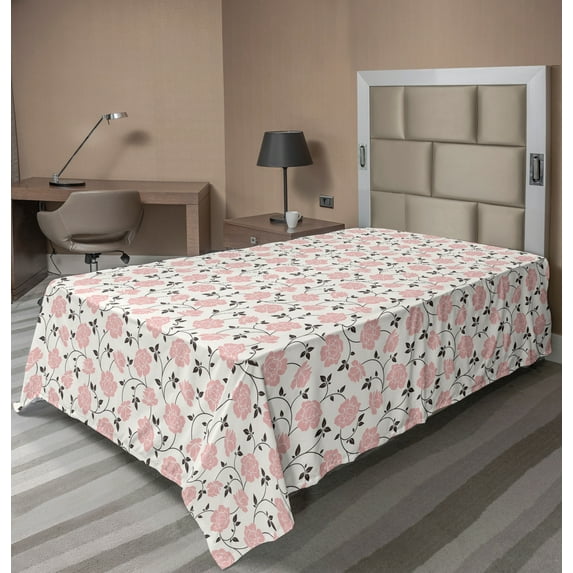 Ambesonne Floral Flat Sheet, Pink Roses and Peonies, Twin Size, Pale Pink Black