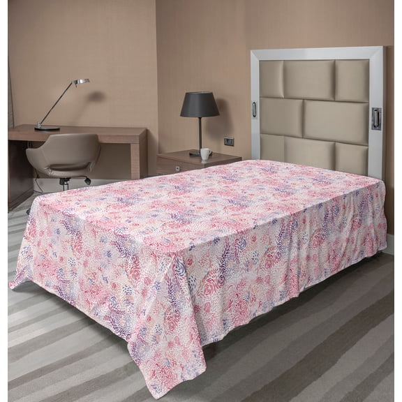 Ambesonne Floral Flat Sheet, Pink Shade Rose Blending, Twin Size, Multicolor