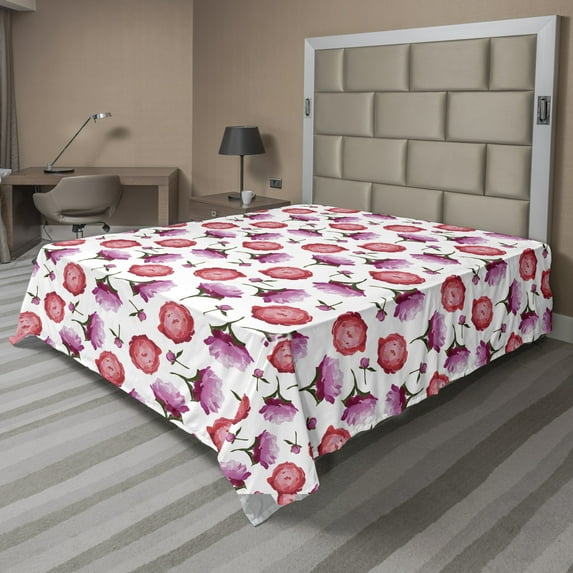 Ambesonne Floral Flat Sheet, Pink and Violet Peonies, Full Size, Dark Coral Fuchsia
