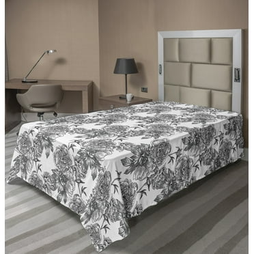 Ambesonne Floral Flat Sheet, Plant Blossom Spring, Twin Size, Black Grey White
