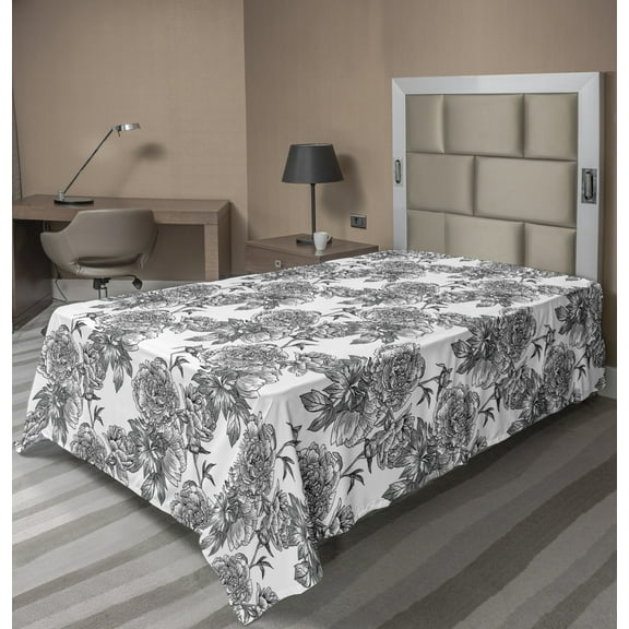 Ambesonne Floral Flat Sheet, Plant Blossom Spring, Twin Size, Black Grey White