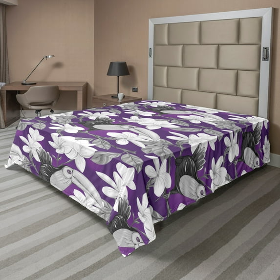 Ambesonne Floral Flat Sheet, Plumerias and Toucan Birds, Full Size, Grey and White
