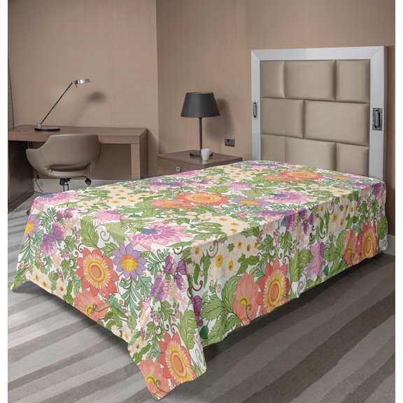 Ambesonne Floral Flat Sheet, Pointy Petals Flowers Motif, TwinXL Size, Multicolor