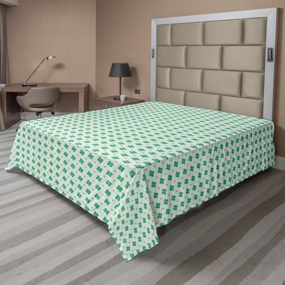 Ambesonne Floral Flat Sheet, Polka Dots and Shamrock Leaf, California King, Mint Green Khaki