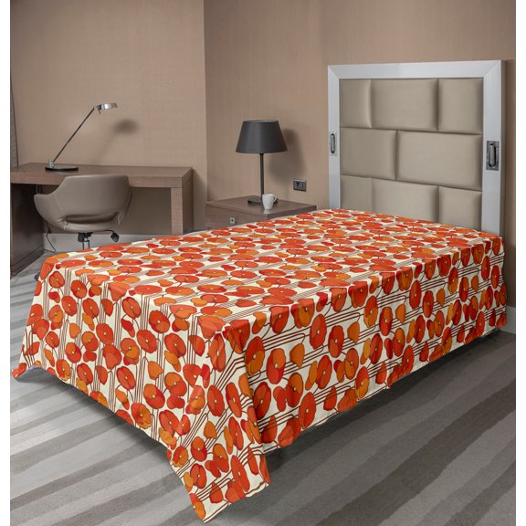 Ambesonne Floral Flat Sheet, Poppies Retro Spring, Twin Size, Orange and Ivory