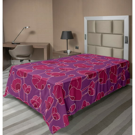 Ambesonne Floral Flat Sheet, Poppy Flower and Bud Motifs, TwinXL Size, Raspberry Dark Magenta