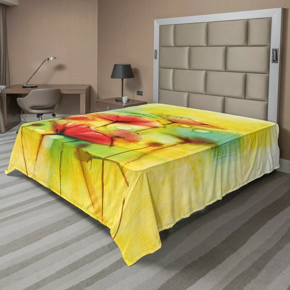 Ambesonne Floral Flat Sheet, Poppy Flowers Blossom, Queen Size, Yellow Red