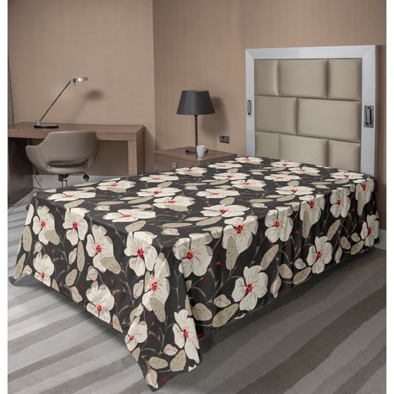 Ambesonne Floral Flat Sheet, Poppy Flowers Nature, Twin Size, Tan Charcoal Grey Red