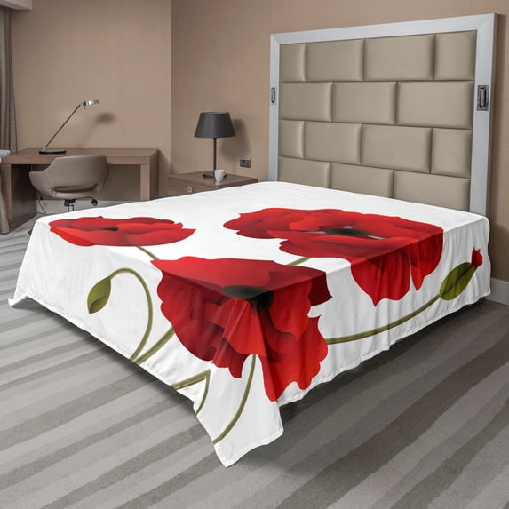 Ambesonne Floral Flat Sheet, Poppy Flowers Pastoral Art, California King, Red and Green
