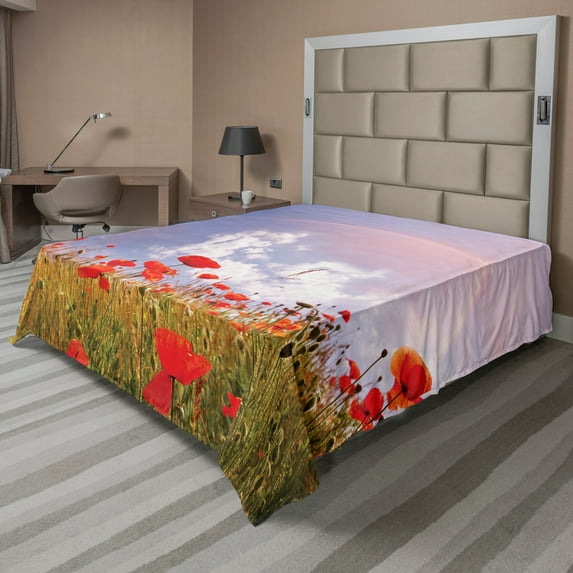 Ambesonne Floral Flat Sheet, Poppy Flowers on Meadow, Full Size, Red Green Blue