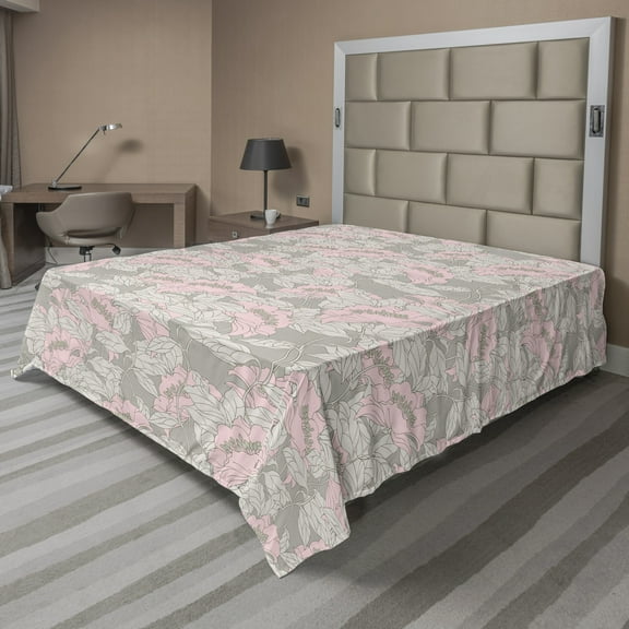 Ambesonne Floral Flat Sheet, Poppy Flowers with Leaves, King Size, Pale Taupe and Rose