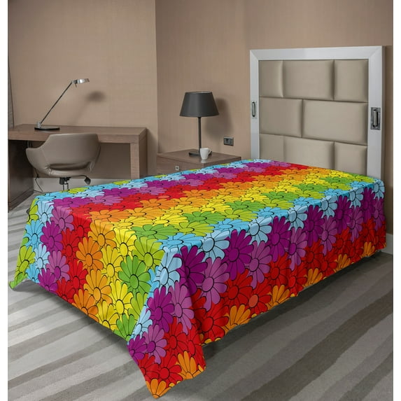 Ambesonne Floral Flat Sheet, Rainbow Colored Flowers, Twin Size, Multicolor