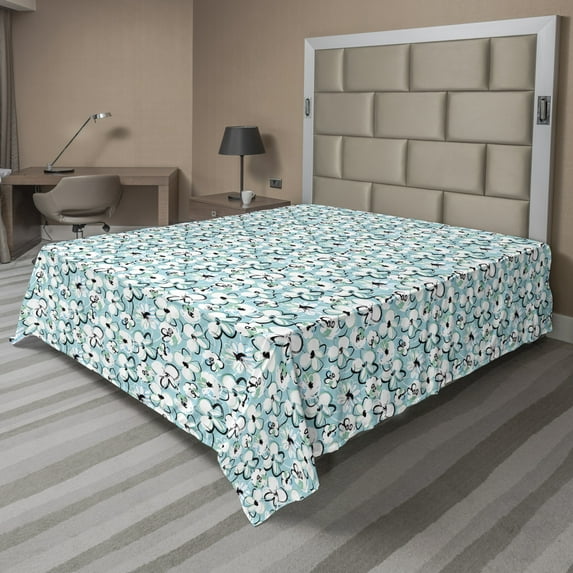 Ambesonne Floral Flat Sheet, Random Brush Stroke Motifs, King Size, Turquoise Sky Blue