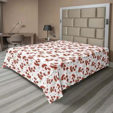 Ambesonne Floral Flat Sheet, Red Flowers Motif Graphic, Queen Size, White Vermilion