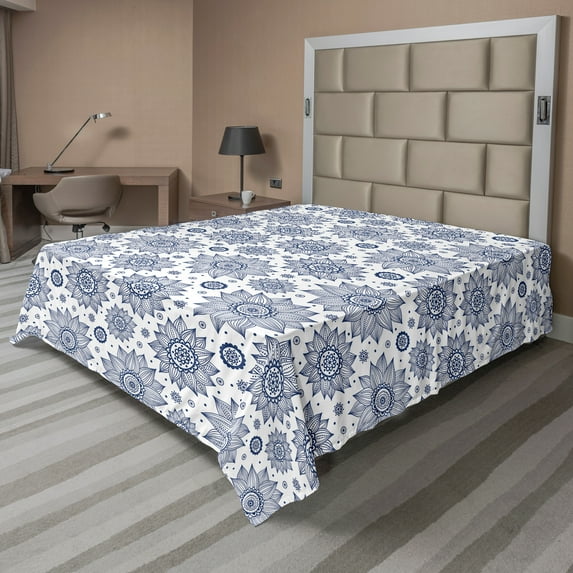 Ambesonne Floral Flat Sheet, Refined Sunflower Motifs, Queen Size, White Dark Sky Blue