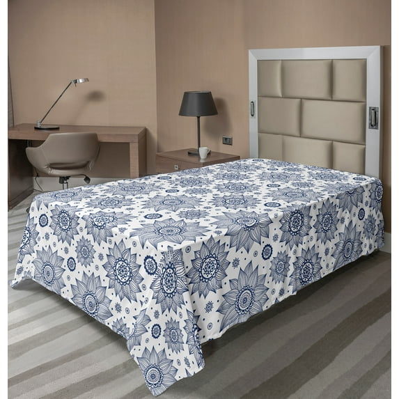 Ambesonne Floral Flat Sheet, Refined Sunflower Motifs, Twin Size, White Dark Sky Blue
