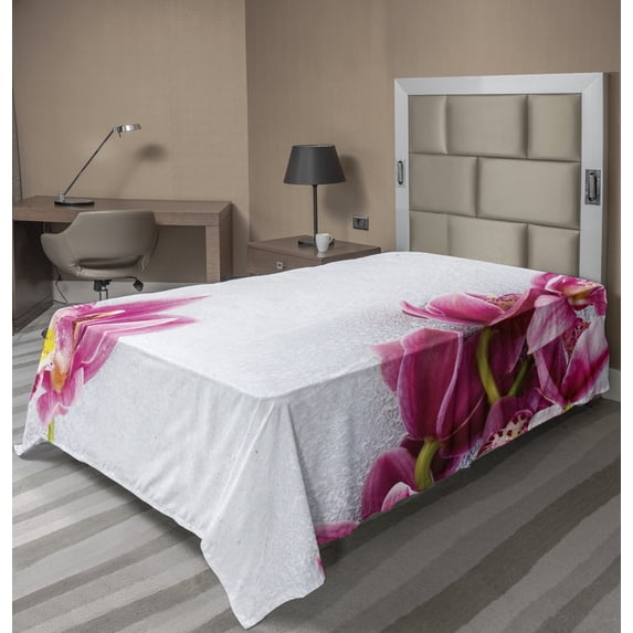 Ambesonne Floral Flat Sheet, Relaxing Orchids Pattern, TwinXL Size, White Hot Pink