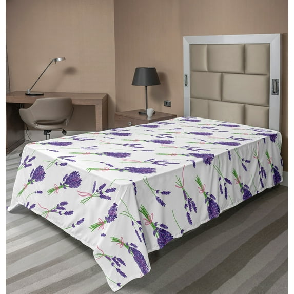 Ambesonne Floral Flat Sheet, Repeated Lavender Bouquets, TwinXL Size, Violet Fern Green