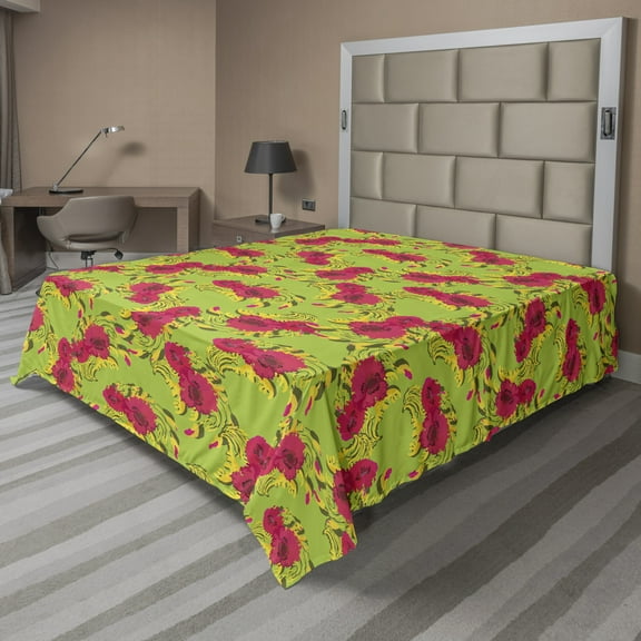 Ambesonne Floral Flat Sheet, Repeated Poppy Flowers Art, Queen Size, Apple Green Dark Pink