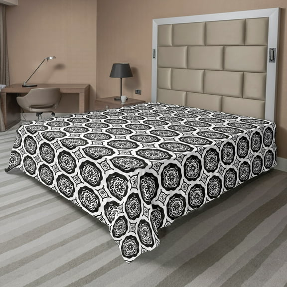 Ambesonne Floral Flat Sheet, Repetitive Flowers Motif, California King, Charcoal Grey and White