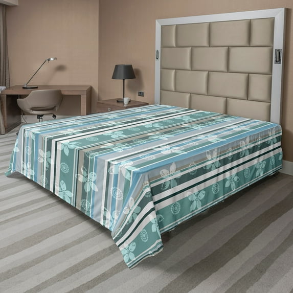 Ambesonne Floral Flat Sheet, Retro Cold Toned Stripes, Full Size, Multicolor